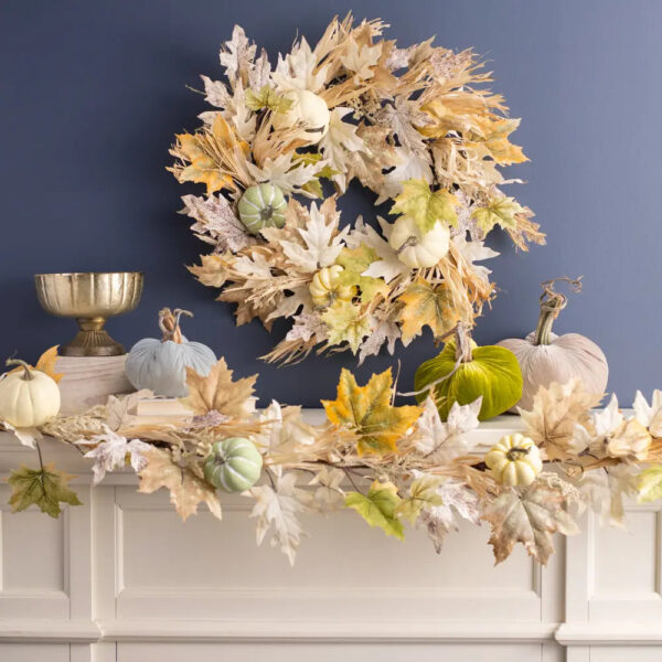 Close-up of blooms and berries on this Neutral Autumn Leaf, Pumpkin Front Door Wreath