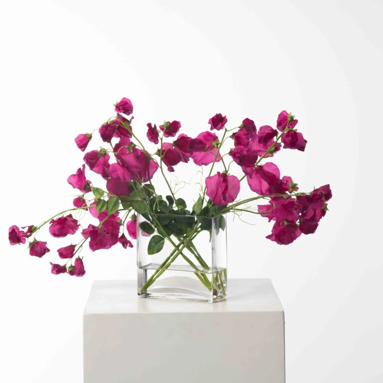 Lifelike Sweet Pea Vines Water Illusion Arrangement in Modern Glass Rectangle Vase