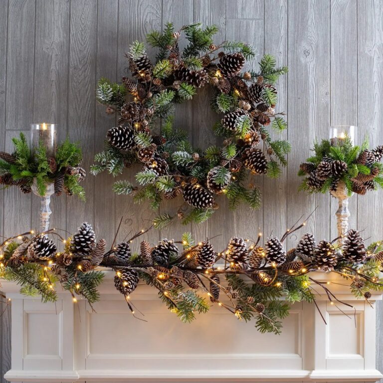 Close-up of blooms and berries on this Snowy Norway Spruce and Pinecone Front Door Wreath