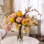 Spring Reverie - Yellow Peony, Pink Cherry Blossom, Coral glass vase