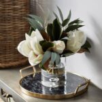 Side view of the Real Touch White Magnolia Glass Cylinder Vase revealing bloom arrangement in