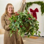 Alternate angle of the Variegated Green Holly Leaf Christmas Hanging Basket showing material texture detail