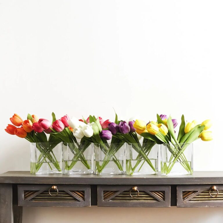 Close-up of vase silhouette detail on this Real Touch Tulip Spring Floral Glass Rectangle Vase