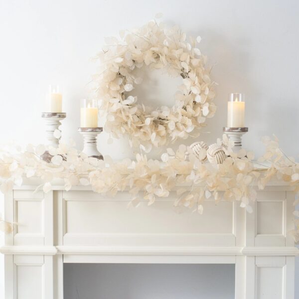 Close-up of blooms and berries on this Dried Look Translucent Bleached Lunaria Seasons Fall Wreath