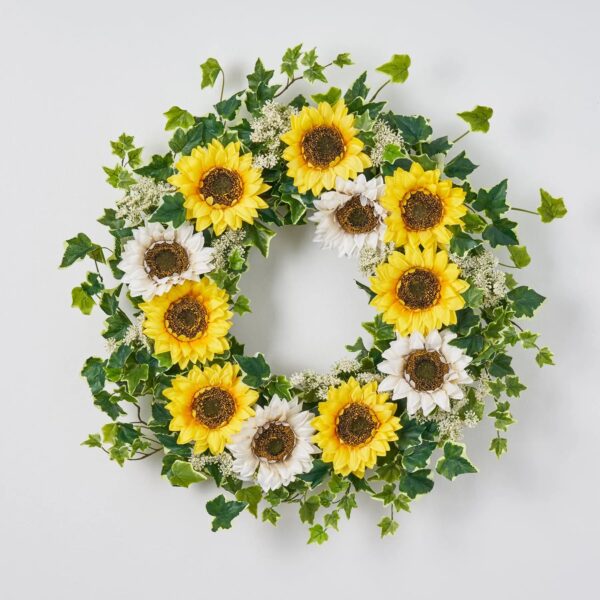 Close-up of blooms and berries on this Sunflower, English Ivy, and Queen Front Door Wreath