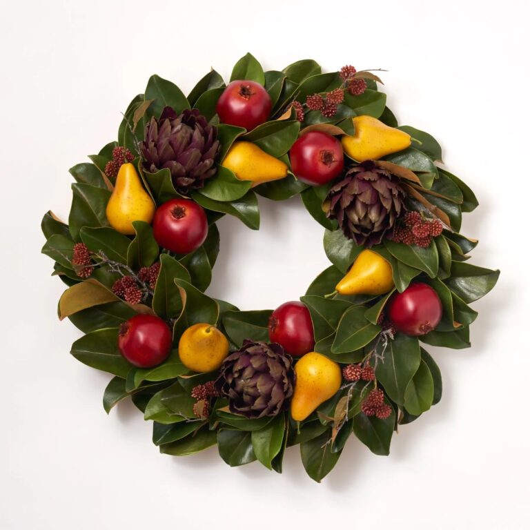 Purple Artichoke, Red Pomegranate and Golden Pear All Seasons Magnolia Fall Christmas Front Door Wreath
