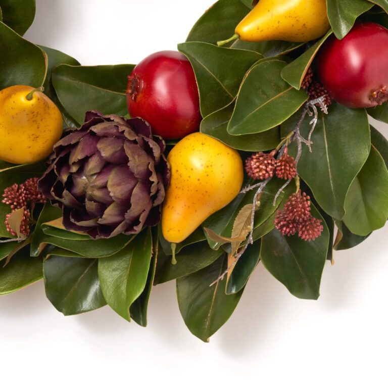 Close-up of blooms and berries on this Purple Artichoke, Red Pomegranate Front Door Wreath