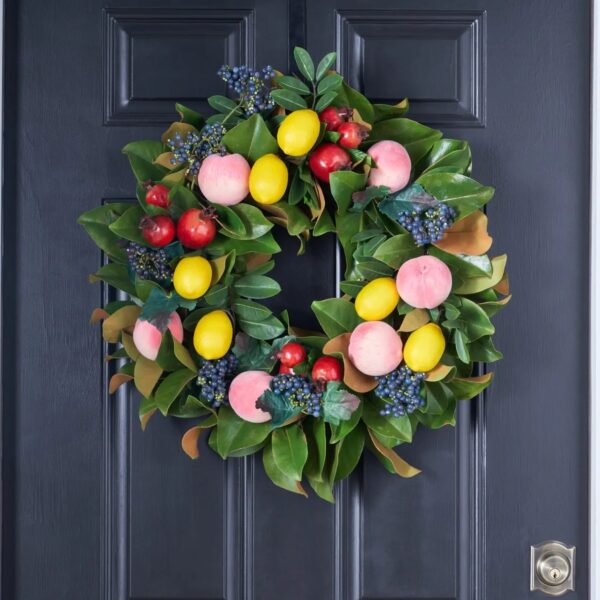 Real Touch Magnolia Fruit Wreath with Pomegranate, Lemon and Peach All Seasons Front Door Wreath