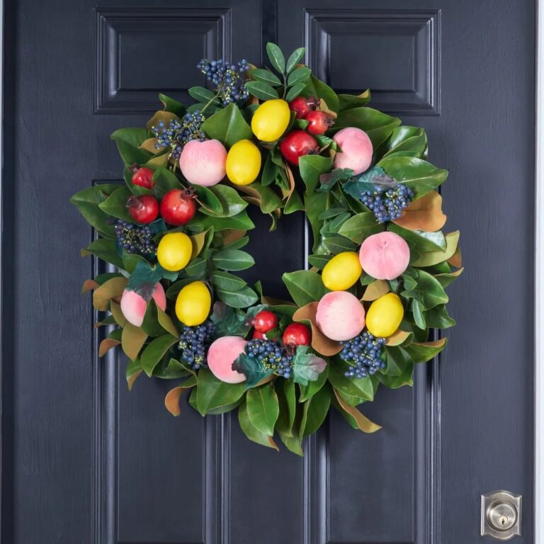 Real Touch Magnolia Fruit Wreath with Pomegranate, Lemon and Peach All Seasons Front Door Wreath