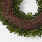 Detail view of layered greenery detail from the Handcrafted Boxwood Leaf Everyday All 3 Bow
