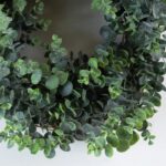 Close-up of blooms and berries on this Dark Marbled Green Faux Eucalyptus Front Door Wreath