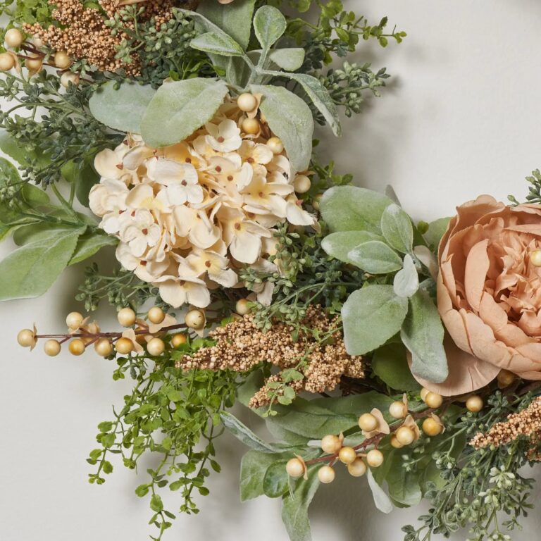 Close-up of blooms and berries on this Pistachio Latte Hydrangea and Peony Door Fall Wreath