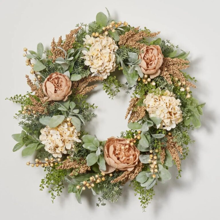 Pistachio Latte Hydrangea and Peony Everyday Front Door Fall Wreath