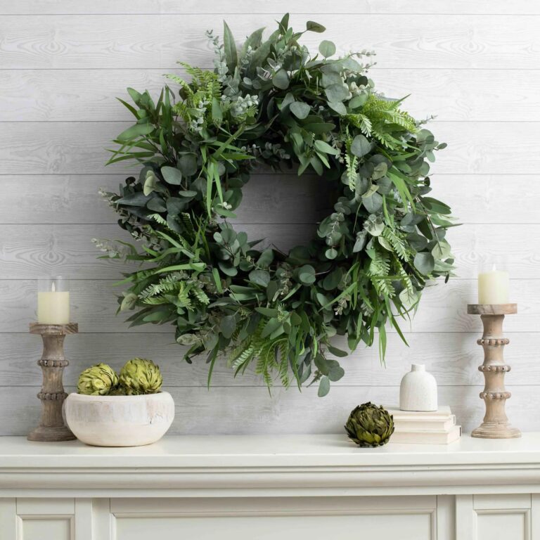 Close-up of blooms and berries on this Deluxe Mixed Eucalyptus and Lux Extra Large Wreath