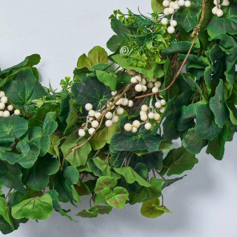 Close-up of blooms and berries on this Everyday Mixed Greenery Geranium, Clover All Seasons Wreath