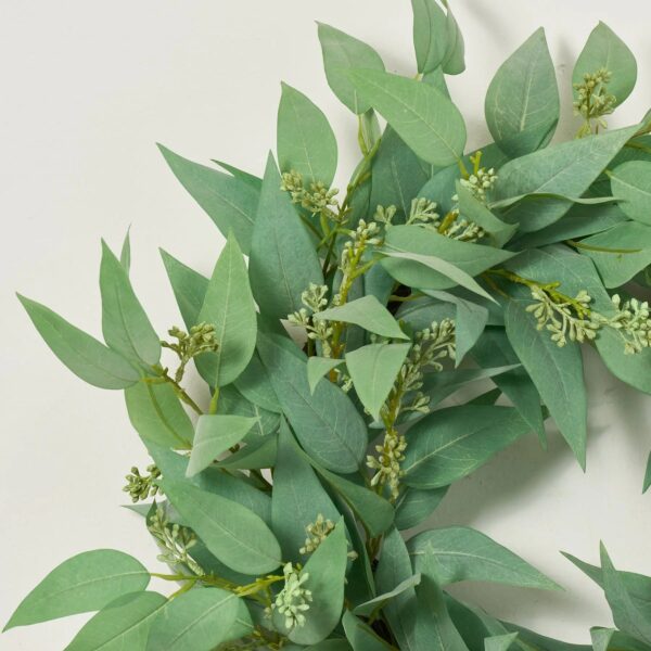 Close-up of blooms and berries on this All Seasons Faux Blade Eucalyptus Front Door Wreath