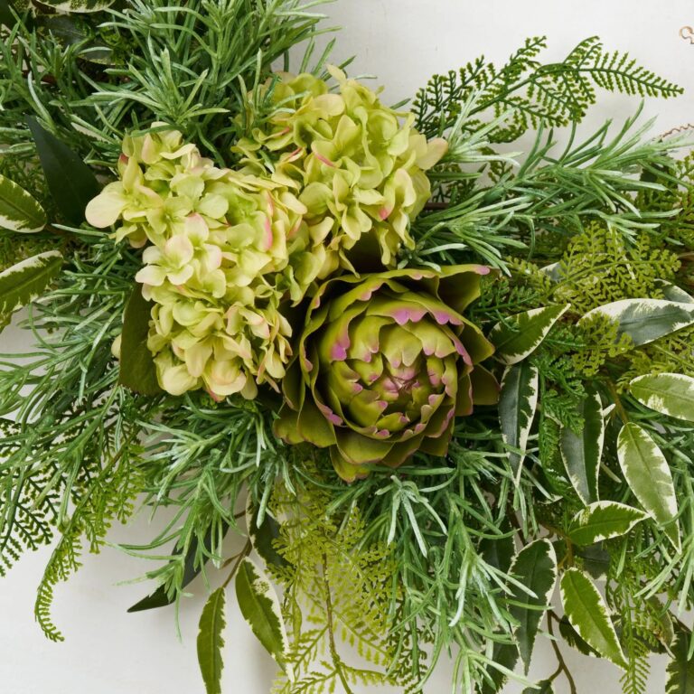 Close-up of blooms and berries on this Garden Bounty - Green Artichoke, Front Door Wreath