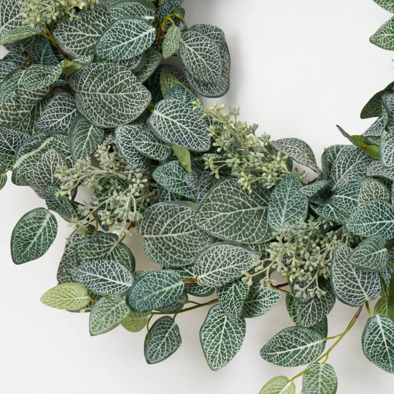 Close-up of blooms and berries on this Green Fittonia Hanger Leaf Front Door Wreath