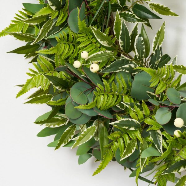 Close-up of blooms and berries on this Real Touch Silver Dollar Eucalyptus, Front Door Wreath