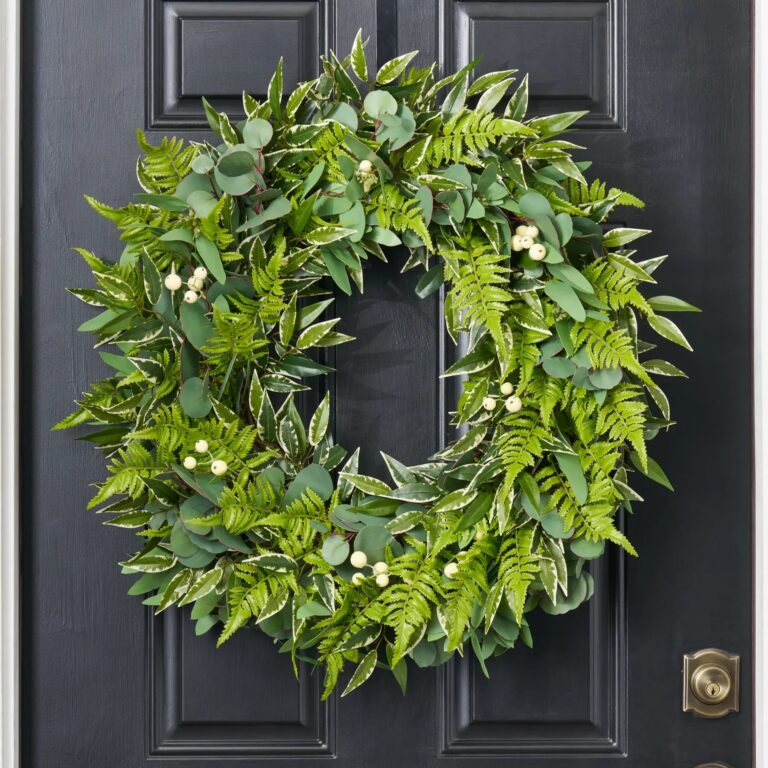 Real Touch Silver Dollar Eucalyptus, Variegated Smilax and Boston Fern Everyday Greenery Front Door Wreath