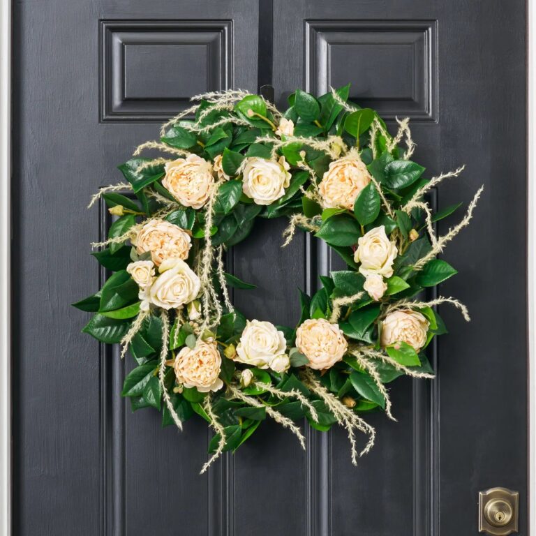 Real Touch Camellia Leaf, Cream Juliette Rose, Vanilla Peony Front Door Wreath