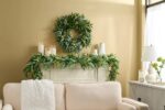 Alternate angle of the All Seasons Faux Blade Eucalyptus, Gooseberries Mantle Garland showing full length