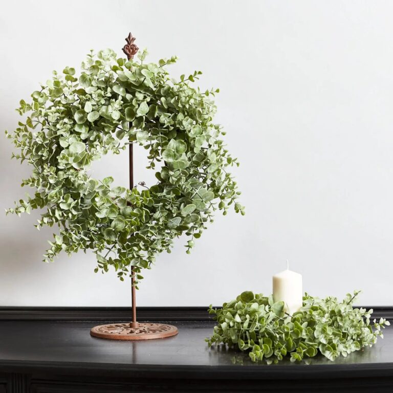 Close-up of blooms and berries on this Eucalyptus Mini Wreath or Candle Wreath Centerpiece