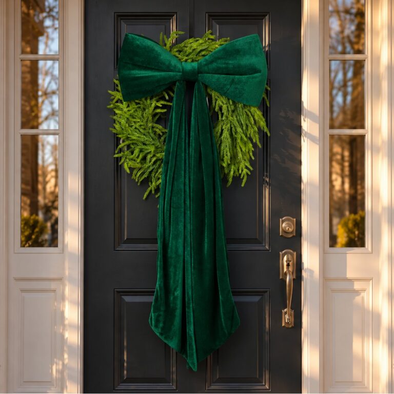 Styled lifestyle shot of 54-inch Green Velvet Bow - Extra Large