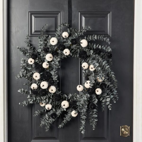 Close-up of blooms and berries on this Dark Enchantment - Black Pumpkins Halloween Wreath