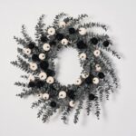 Dark Enchantment - Black and White Velvet Pumpkins Halloween Wreath - Black and White