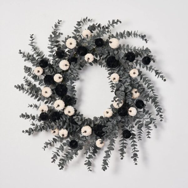 Dark Enchantment - Black and White Velvet Pumpkins Halloween Wreath - Black and White