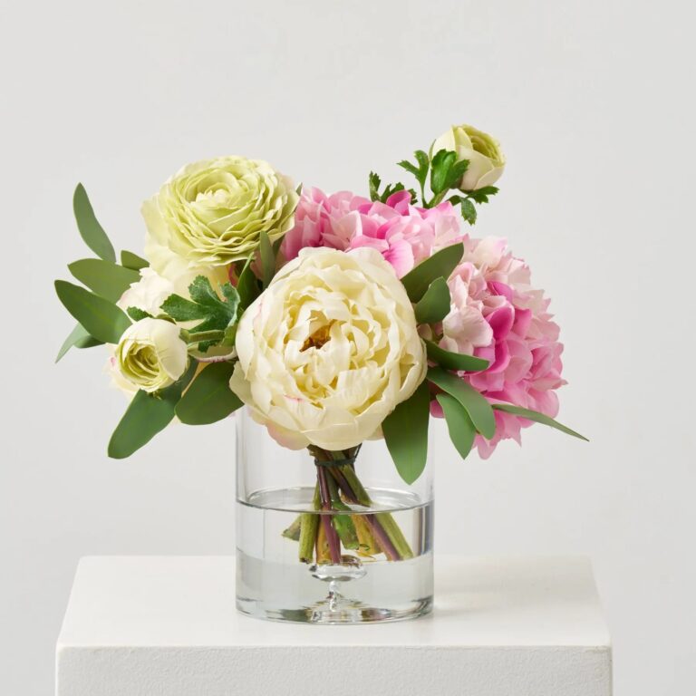 Real Touch Cream Peony, Pink Hydrangea, Green Ranunculus Glass Vase