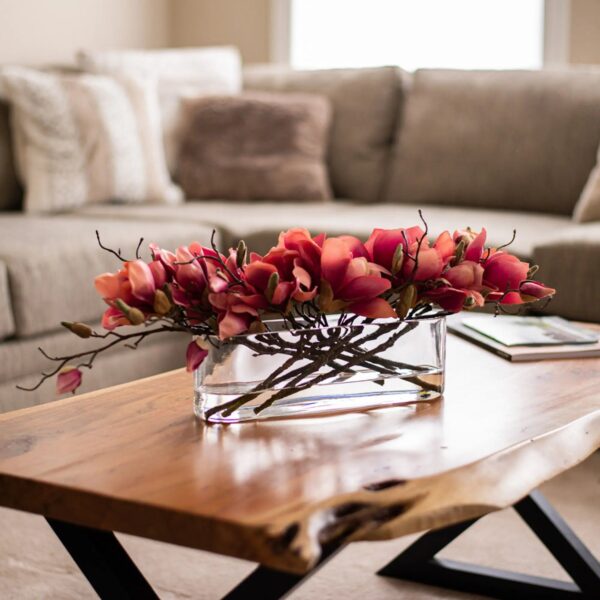 Close-up of vase silhouette detail on this White or Fuchsia Magnolia Blooms Oval Vase