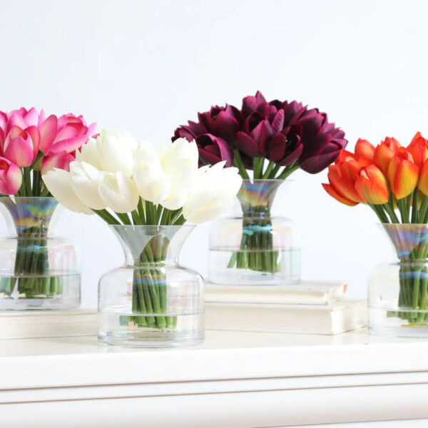 Mini Tulip Arrangement Spring Floral Water Illusion in Iridescent Vase - Pink or Orange