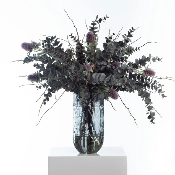 Parisian Night - Midnight Eucalyptus, Purple Thistle, Faux Thorn Smoke Glass Vase