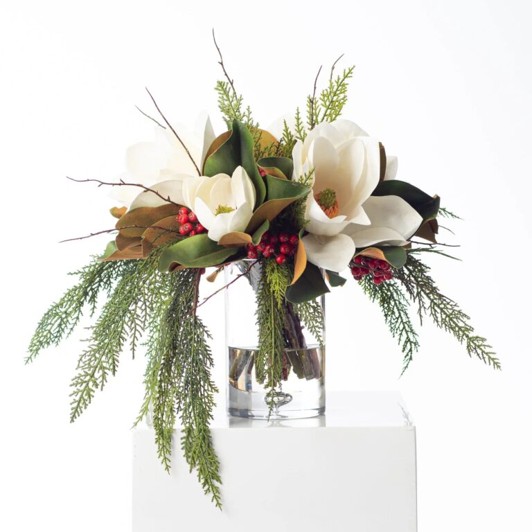 White Christmas Magnolia, Red Winter Berry, Real Touch Cedar Cylindrical Glass Vase