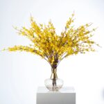Yellow Forsythia Branches in Smoke Glass Genie Bottle Spring Faux Flower Water Illusion Arrangement