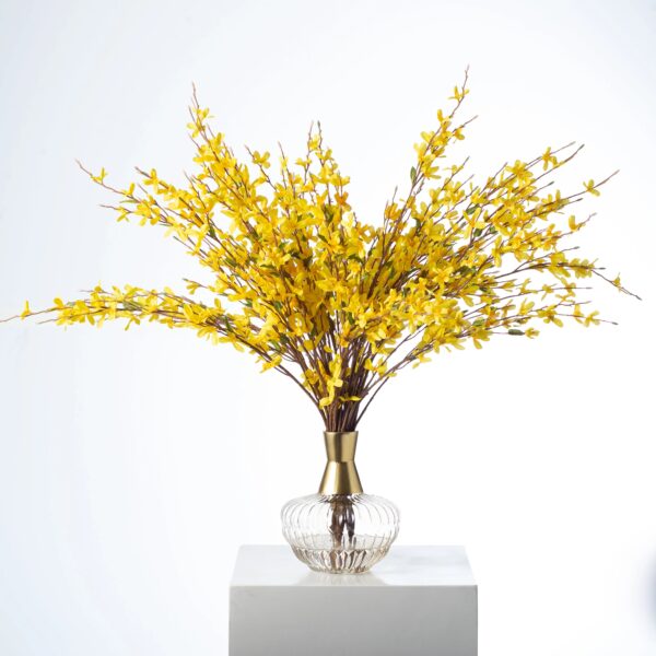 Yellow Forsythia Branches in Smoke Glass Genie Bottle Spring Faux Flower Water Illusion Arrangement
