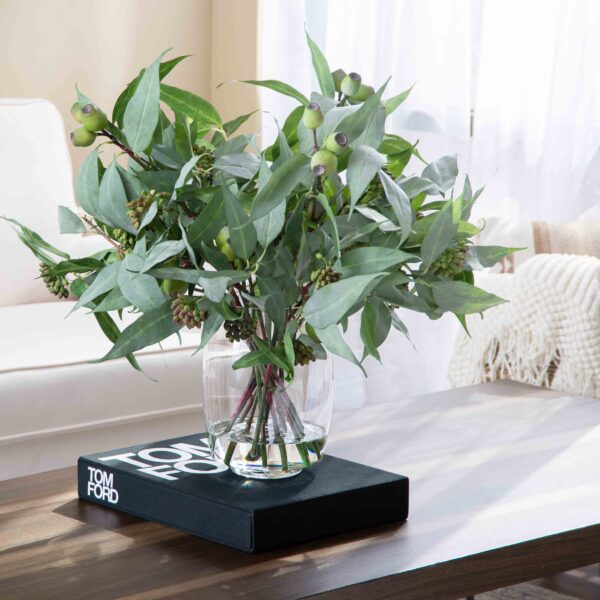 Large Eucalyptus Leaf and Seeding Pods Faux Greenery Arrangement Water Illusion Arrangement