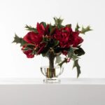 Real Touch Red Magnolia and Hydrangea with Wild Holly Glass Vase