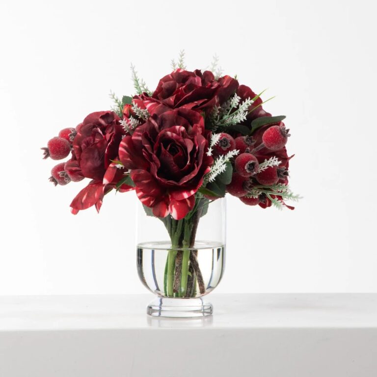 Candy Cane Rose and Iced Rosehip Berry Christmas Holiday Glass Urn Vase - Red