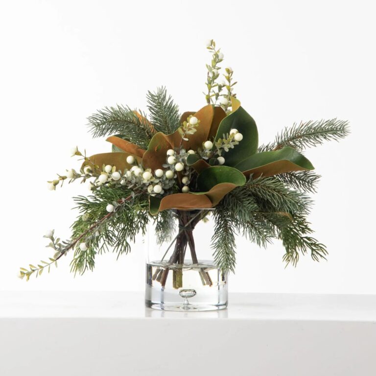 Real Touch Pine, Juniper, and Magnolia Leaf with Winter Water Illusion Arrangement