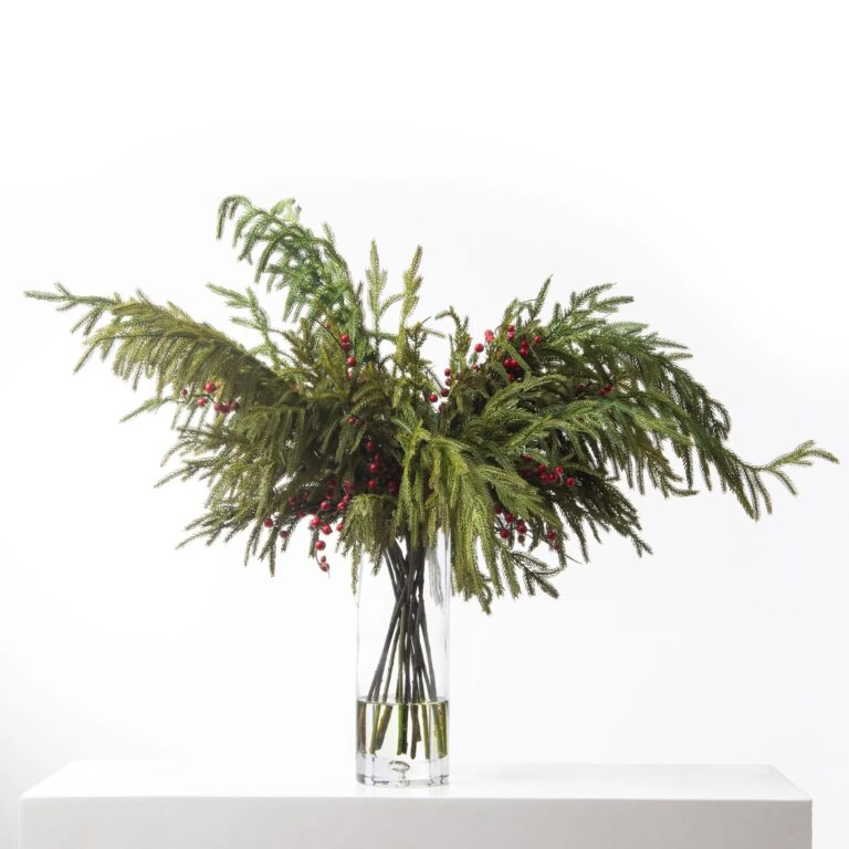 Norfolk Pine and Red Berry Christmas Holiday Water Illusion Tall Glass Vase - Green and