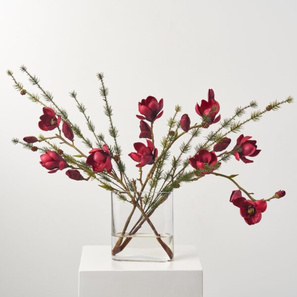 Real Touch Burgundy Red Magnolia Branch and Wispy Pine Christmas Floral Arrangement Centerpiece