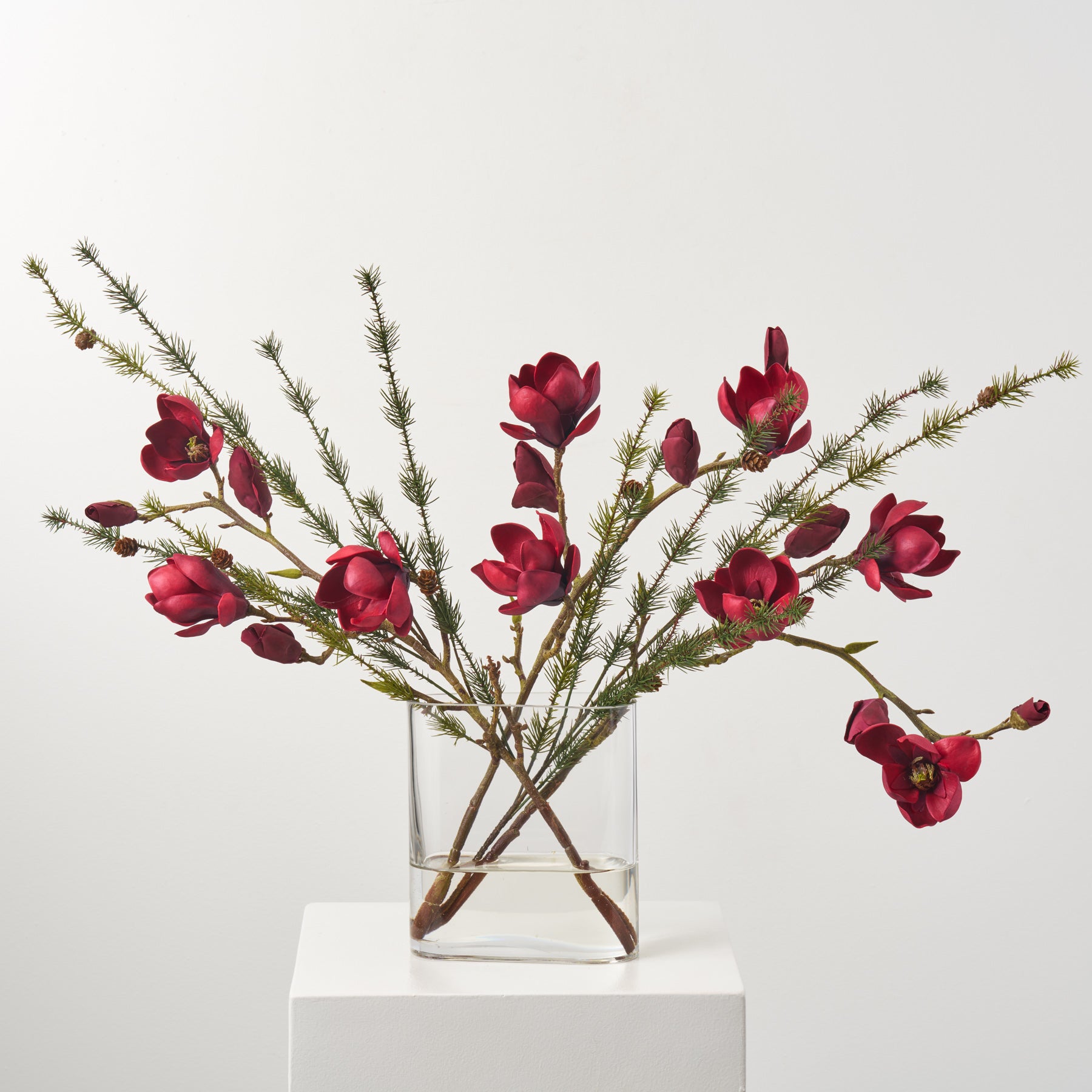 FAR1267RealTouchBurgundyRedMagnoliaBranch_WispyPineinOvalVaseFallChristmasFloralArrangementCenterpiece_1.jpg Real Touch Burgundy Red Magnolia Branch and Wispy Pine Christmas Floral Arrangement Centerpiece