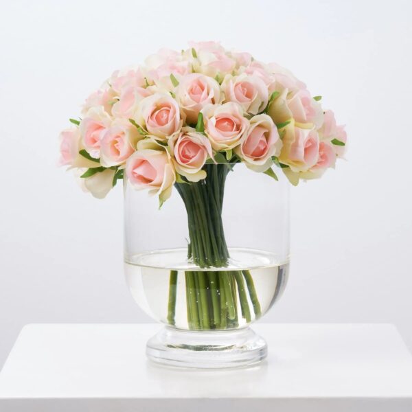 Mini Pink and Green Silk Rose Arrangement in Footed Urn Bowl Vase