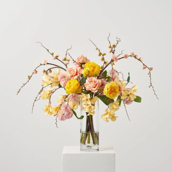 Close-up of vase silhouette detail on this Spring Reverie - Yellow Peony, Pink Cherry Blossom