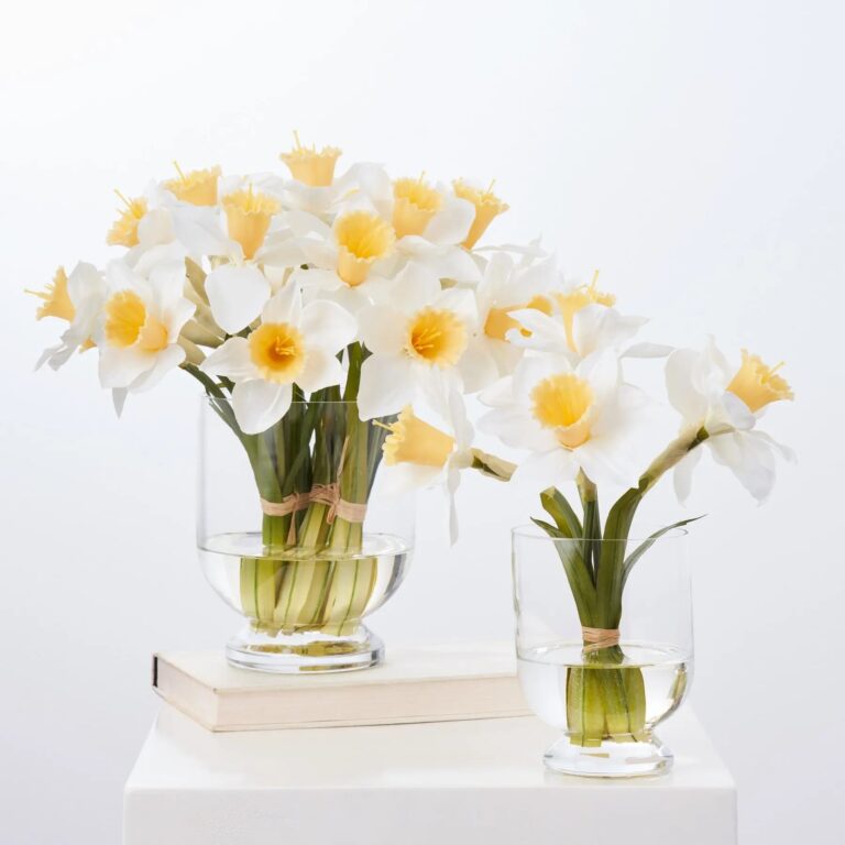 Lifelike White Daffodils Spring Water Illusion Arrangement In Footed Urn - 2 Size Options