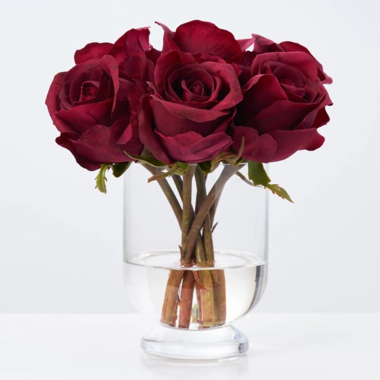 Real Touch Red Bordeaux Rose Buds In Footed Urn Water Illusion Arrangement