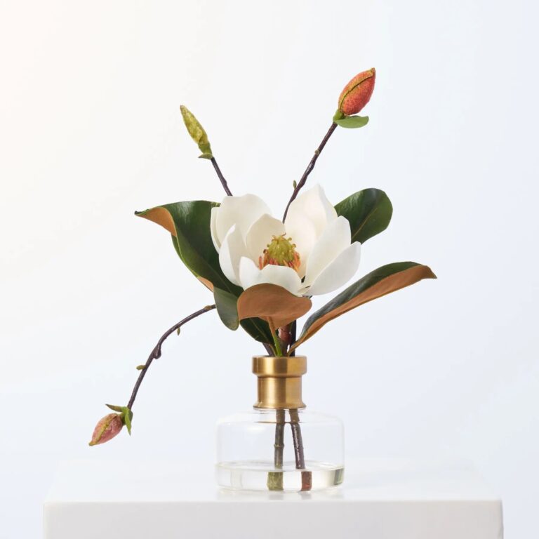 Real Touch Magnolia Bloom and Bud In Small Gold Water Illusion Arrangement